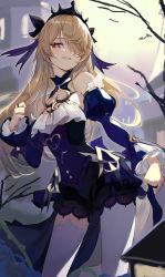 Rule 34 | 1girl, absurdres, alternate eye color, alternate hairstyle, asymmetrical legwear, bare shoulders, blonde hair, blush, bow, breasts, commentary request, cowboy shot, detached collar, detached sleeves, eyepatch, fischl (ein immernachtstraum) (genshin impact), fischl (genshin impact), frilled sleeves, frills, genshin impact, grin, hair bow, hair over one eye, hand up, highres, juliet sleeves, long hair, long sleeves, looking at viewer, lumo 1121, official alternate costume, orange hair, pantyhose, parted lips, puffy sleeves, small breasts, smile, solo, thighhighs, thighs, tiara, white thighhighs, wide sleeves