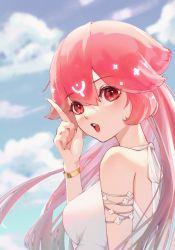 Rule 34 | 1girl, a dan, bao (vtuber), bracelet, breasts, cloud, commentary, dress, english commentary, from side, highres, indie virtual youtuber, jewelry, long hair, looking at viewer, medium breasts, open mouth, pink hair, pointing, red eyes, sky, solo, virtual youtuber, white dress