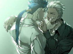 Rule 34 | archer (fate), arm up, blue hair, cigarette, couple, cu chulainn (fate), cu chulainn (caster) (fate), dark skin, dark-skinned male, earrings, eye contact, fate/grand order, fate/stay night, fate (series), hand on another&#039;s face, holding, jewelry, kim yura (goddess mechanic), cu chulainn (fate/stay night), lighting cigarette, long hair, long sleeves, looking at another, male focus, multiple boys, muscular, open mouth, outstretched arms, pectorals, red eyes, smoking, unlimited blade works (fate), white hair, yaoi
