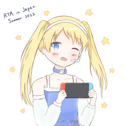 Rule 34 | 1girl, blonde hair, blue dress, blue eyes, dress, handheld game console, headphones, headset, holding, holding handheld game console, looking at viewer, nintendo switch, one eye closed, open mouth, rta-chan, rta in japan, sleeveless, sleeveless dress, smile, solo, towa0131, twintails