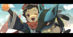 Rule 34 | 1boy, ;d, black hair, black shirt, blurry, blush, cloud, commentary request, creatures (company), day, floating scarf, game freak, gen 4 pokemon, grey eyes, grey jacket, hat, highres, holding, holding poke ball, jacket, letterboxed, lucario, male focus, nintendo, one eye closed, open mouth, outdoors, poke ball, pokemon, pokemon (creature), pokemon legends: arceus, red headwear, red scarf, rei (pokemon), scarf, shirt, short hair, sky, smile, sora (zwz030), teeth, tongue