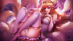 Rule 34 | 1girl, ahri (league of legends), animal ears, blue eyes, breasts, choker, cleavage, cleavage cutout, clothing cutout, detached sleeves, fingernails, fox ears, fox tail, full body, hair ornament, hairband, highres, league of legends, lips, lipstick, long hair, looking at viewer, magical girl, makeup, medium breasts, multiple tails, nail polish, pink hair, cameltoe, skirt, smirk, solo, standing, star guardian (league of legends), star guardian ahri, tail, thighhighs, windwalker ture