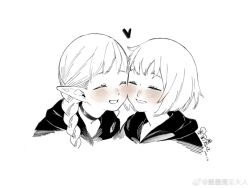 Rule 34 | 2girls, ^ ^, artist request, blush, braid, cheek-to-cheek, closed eyes, couple, cropped shoulders, dungeon meshi, elf, eyelashes, falin touden, falin touden (tallman), greyscale, heads together, heart, highres, interracial, long hair, marcille donato, monochrome, multiple girls, pointy ears, short hair, smile, spot color, yuri