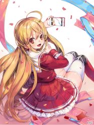 Rule 34 | 1girl, ahoge, black thighhighs, blonde hair, blue ribbon, blush, bosack, camera phone, cellphone, confetti, frill trim, frills, from behind, holding, holding phone, long hair, looking at viewer, looking back, original, parted lips, phone, pink ribbon, red eyes, ribbon, sitting, smartphone, smile, solo, thighhighs, very long hair, white thighhighs