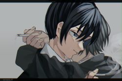 Rule 34 | 1boy, 1girl, black hair, black jacket, black necktie, chainsaw man, cigarette, collared shirt, crying, crying with eyes open, formal, ghost, grey background, hayakawa aki, highres, himeno (chainsaw man), holding, holding cigarette, hug, jacket, letterboxed, looking away, looking to the side, necktie, shirt, short hair, simple background, smoking, suit, tears, white shirt, woruworu 61