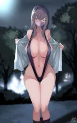 Rule 34 | 1girl, absurdres, aqua eyes, black one-piece swimsuit, black skirt, blurry, blurry background, blush, breasts, breasts apart, brown hair, clothes pull, collarbone, dated, exhibitionism, hair between eyes, highres, huge breasts, long hair, looking at viewer, mask, moonlight, mouth mask, navel, night, office lady, one-piece swimsuit, open clothes, open shirt, original, park, pencil skirt, public indecency, pussy juice, shirt, signature, skirt, skirt pull, slingshot swimsuit, solo, sweat, swimsuit, tree, white shirt, yuzuki himuka