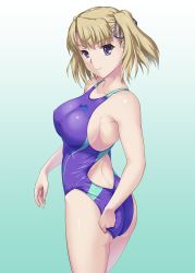 Rule 34 | 1girl, adjusting clothes, adjusting swimsuit, ass, blonde hair, breasts, competition swimsuit, covered erect nipples, from behind, gradient background, hair ribbon, hanny, looking at viewer, looking back, mottio, one-piece swimsuit, purple eyes, rance (series), ribbon, shiny skin, sideboob, simple background, solo, swimsuit, twintails, twisted torso, urza pranaice