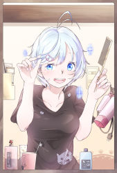 Rule 34 | .live, 12 graka, 1girl, :d, absurdres, ahoge, blue eyes, comb, commentary, earrings, hair dryer, hair ornament, hairpin, highres, holding, jewelry, mirror, nail polish, open mouth, playing with own hair, shirt, short hair, silver hair, dennou shoujo siro, smile, solo, sparkle, t-shirt, toothbrush, virtual youtuber