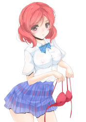 Rule 34 | 10s, 1girl, blush, bra, breasts, closed mouth, clothes removed through clothes, covered erect nipples, frapowa, frown, holding, holding bra, holding clothes, holding underwear, large breasts, looking away, love live!, love live! school idol project, nishikino maki, no bra, otonokizaka school uniform, purple eyes, red bra, red hair, school uniform, short hair, simple background, solo, sparkle, standing, underwear, white background