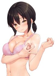 Rule 34 | 1girl, armpits, black hair, blush, bra, breasts, clenched hand, closed mouth, collarbone, hair between eyes, highres, large breasts, looking at viewer, navel, original, pink bra, short hair, short ponytail, simple background, solo, spread armpit, takoneru, underwear, upper body, white background, wince, yellow eyes