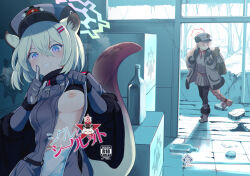 Rule 34 | 2girls, animal ears, backpack, bag, blue archive, blush, bottle, box, braid, breasts, breath, clothes lift, coat, comiket 101, cover, cover page, doujin cover, exhibitionism, gloves, hair between eyes, hair ornament, hairclip, halo, hat, index finger raised, indoors, lifted by self, light green hair, long hair, long sleeves, medium breasts, mishima hiroji, multiple girls, nipples, nodoka (blue archive), pleated skirt, public indecency, shigure (blue archive), short hair, single braid, skirt, standing, sweater vest, tail, very long hair