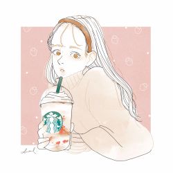 1girl, brown eyes, brown hairband, brown sweater, coffee, coffee cup, cup, disposable cup, drinking straw, hairband, highres, long hair, looking at viewer, oh haruca, original, parted lips, solo, starbucks, sweater, upper body, white hair