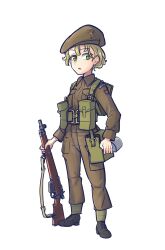 Rule 34 | 1girl, absurdres, belt, beret, black footwear, blonde hair, bolt action, boots, breast pocket, british army, brown hat, brown jacket, brown pants, buttons, commentary, full body, gaiters, green eyes, gun, gun sling, hat, hat ornament, highres, holding, holding gun, holding weapon, insignia, jacket, lee-enfield, load bearing equipment, long sleeves, looking at viewer, military, military hat, military uniform, original, pants, pocket, rifle, short hair, soldier, solo, standing, uniform, united kingdom, warriordesu, weapon, web belt, world war ii
