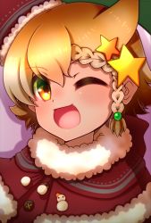 Rule 34 | 1girl, animal costume, animal ears, blonde hair, cape, christmas, christmas present, coyote (kemono friends), gift, hair ornament, hat, highres, hikarikmy, kemono friends, kemono friends v project, looking at viewer, one eye closed, open mouth, santa costume, santa hat, short hair, simple background, smile, snowman, solo, virtual youtuber, wolf costume, wolf ears, wolf girl, yellow eyes