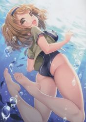 Rule 34 | 10s, 1girl, :d, absurdres, air bubble, animal, ass, bare legs, barefoot, blue one-piece swimsuit, blush, breasts, brown eyes, brown hair, bubble, cropped jacket, covered erect nipples, eyelashes, feet, fish, floating hair, from behind, from below, hairband, highres, i-26 (kancolle), jacket, kantai collection, kase daiki, legs up, light rays, looking at viewer, looking back, looking down, medium breasts, new school swimsuit, one-piece swimsuit, open clothes, open jacket, open mouth, outdoors, plantar flexion, scan, school swimsuit, short hair, short sleeves, silhouette, smile, solo, submerged, sunlight, swimsuit, tareme, toes, two-tone hairband, underwater