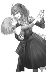 Rule 34 | 2girls, ahoge, aiguillette, alternate costume, back bow, bare shoulders, bow, bowtie, brooch, chaldea dinnertime, cocktail dress, commentary request, crown, dancing, detached collar, dress, epaulettes, face-to-face, fate/grand order, fate (series), formal, from side, fujimaru ritsuka (female), fujimaru ritsuka (female) (halloween royalty), gloves, greyscale, grin, hair ornament, hair scrunchie, half gloves, hand on another&#039;s back, highres, holding hands, jacket, jewelry, long sleeves, looking at another, mash kyrielight, mash kyrielight (chaldea dinnertime), mini crown, monochrome, multiple girls, nipi27, official alternate costume, scrunchie, short hair, side ponytail, simple background, smile, waltz (dance), white background, yuri