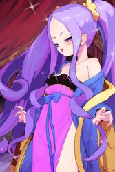 Rule 34 | 1girl, bare shoulders, breasts, chinese clothes, dress, fate/grand order, fate (series), forehead, hair ornament, hair scrunchie, hanfu, highres, long hair, long sleeves, looking at viewer, mightyjump98, off shoulder, open mouth, parted bangs, pelvic curtain, purple dress, purple eyes, purple hair, scrunchie, shawl, sidelocks, small breasts, smile, solo, sparkle, thighs, twintails, very long hair, wide sleeves, wu zetian (fate), yellow scrunchie
