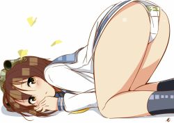 Rule 34 | 10s, 1girl, all fours, ass, bad id, bad pixiv id, bare legs, black socks, blush, brown eyes, brown hair, bug, butterfly, clothes writing, from side, headgear, highres, insect, kantai collection, kneehighs, long sleeves, looking at viewer, looking to the side, matching hair/eyes, neckerchief, panties, sailor collar, shinomu (cinomoon), shiny skin, shirt, short hair, signature, socks, solo, tatusinomu, thighs, top-down bottom-up, underwear, underwear writing, white panties, white shirt, yukikaze (kancolle)