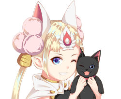 Rule 34 | 1girl, animal, animal ears, bell, blonde hair, blue eyes, breasts, cape, cat, cat ears, choker, cop craft: dragnet mirage reloaded, elf, grin, hair bell, hair ornament, jewelry, long hair, looking at viewer, one eye closed, pointy ears, portrait, qingwa fu luo, simple background, smile, solo, tilarna exedilika, twintails, white background