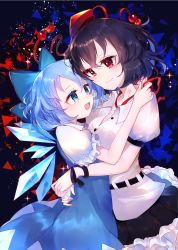 Rule 34 | 2girls, :d, abstract background, arms around waist, artist name, aya (aya op10s), belt, black background, black hair, black skirt, blue bow, blue dress, blue eyes, blue hair, blush, bound, bound wrists, bow, breasts, cirno, cleavage, colored eyelashes, commentary request, dress, eye contact, frilled skirt, frills, hair between eyes, hair bow, hat, heads together, hickey, highres, hug, ice, ice wings, light particles, looking at another, multiple girls, open clothes, open mouth, open shirt, petticoat, pinafore dress, puffy short sleeves, puffy sleeves, red eyes, shameimaru aya, shirt, short hair, short sleeves, skirt, sleeveless dress, small breasts, smile, sparkle, tokin hat, touhou, untucked shirt, untying, upper body, white shirt, wings, yuri