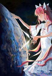 Rule 34 | 1girl, absurdres, bow, choker, collarbone, cowboy shot, cutting, dress, earth (planet), from side, giant, giantess, hair bow, highres, holding, holding scissors, kaname madoka, long hair, looking ahead, mahou shoujo madoka magica, mahou shoujo madoka magica (anime), pink hair, planet, scissors, serious, sfwiwiwts, solar flare, solo, space, sparks, two side up, ultimate madoka, white choker, white dress, wide sleeves, yellow eyes