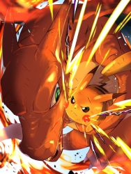 Rule 34 | brown eyes, charizard, closed mouth, commentary request, creatures (company), electricity, eye contact, fire, game freak, gen 1 pokemon, green eyes, highres, looking at another, miramiraa (wniwnidonn), nintendo, no humans, pikachu, pokemon, pokemon (creature), pokemon battle, scrape, spoilers, white background