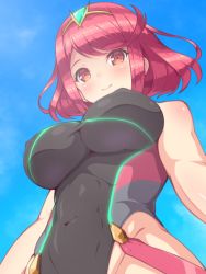 1girl, bare shoulders, breasts, competition swimsuit, erect nipples, f 1chan, large breasts, looking at viewer, looking down, official alternate costume, one-piece swimsuit, pyra (xenoblade), red eyes, red hair, short hair, solo, swimsuit, xenoblade chronicles (series), xenoblade chronicles 2