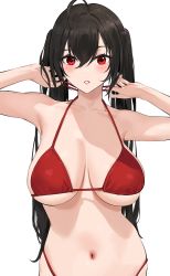 Rule 34 | 1girl, absurdres, ahoge, armpits, azur lane, bare shoulders, bikini, black hair, blush, breasts, cleavage, collarbone, highres, knatb, large breasts, long hair, looking at viewer, navel, parted lips, red bikini, red eyes, sagging breasts, simple background, solo, swimsuit, taihou (azur lane), twintails, white background