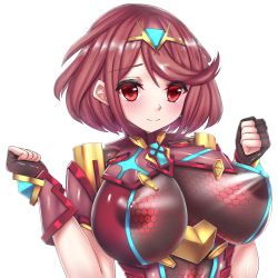 Rule 34 | 1girl, armor, breasts, covered erect nipples, highres, large breasts, looking at viewer, neelize, nintendo, nipples, pyra (xenoblade), red eyes, red hair, see-through, short hair, shoulder armor, smile, solo, upper body, xenoblade chronicles (series), xenoblade chronicles 2