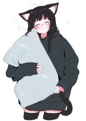 Rule 34 | 1girl, ahoge, animal ear fluff, animal ears, black eyes, black hair, black hoodie, blush, cat ears, cat girl, cat tail, closed eyes, highres, holding, holding pillow, hood, hoodie, long hair, megateru, messy hair, original, oversized clothes, pillow, simple background, skindentation, sleepy, sleeves past wrists, solo, tail, tareme, thighhighs, white background