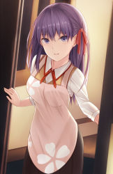Rule 34 | 1girl, apron, black skirt, cowboy shot, fate/stay night, fate (series), hair between eyes, hair ribbon, homurahara academy school uniform, indoors, kanpyou (hghgkenfany), long hair, looking at viewer, matou sakura, name connection, neck ribbon, object namesake, parted lips, pleated skirt, purple eyes, purple hair, red ribbon, ribbon, school uniform, shirt, skirt, solo, standing, uniform, vest, white apron, white shirt, yellow vest