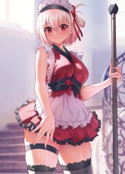 Rule 34 | 1girl, alternate costume, apron, bare arms, black thighhighs, blonde hair, blurry, blurry background, blush, breasts, closed mouth, commentary, cowboy shot, dress, enmaided, frilled apron, frilled dress, frills, hair ornament, hair ribbon, highres, holding, large breasts, light particles, looking at viewer, lycoris recoil, maid, maid headdress, nishikigi chisato, one side up, red dress, red eyes, red ribbon, ribbon, short dress, short hair, smile, solar (happymonk), solo, stairs, sweat, thigh strap, thighhighs, thighs, white apron, white headwear