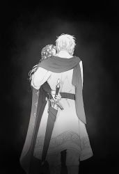 Rule 34 | 1boy, 1girl, black background, braid, cape, crown braid, dress, facing away, feet out of frame, greyscale, hand on another&#039;s cheek, hand on another&#039;s face, highres, holding, holding sword, holding weapon, jowell she, king arthur, long hair, looking at another, monochrome, morgan le fay, multiple braids, one eye covered, original, pants, robe, scabbard, sheath, simple background, standing, sword, unsheathing, weapon
