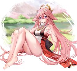 Rule 34 | 1girl, animal ears, bare arms, bare legs, bare shoulders, barefoot, blush, breasts, closed mouth, commentary, dress, feet, fox shadow puppet, full body, genshin impact, hair between eyes, hair ornament, hand on own leg, highres, knees up, large breasts, long hair, looking at viewer, pink hair, purple eyes, sideboob, sitting, smile, solo, very long hair, white dress, yae miko, yuniiho