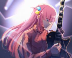 Rule 34 | 1girl, ahoge, blue eyes, blurry, blurry background, bocchi the rock!, cube hair ornament, electric guitar, gibson les paul, gotoh hitori, guitar, hair ornament, instrument, jacket, light rays, long hair, pink jacket, playing guitar, signature, xin (blueramen)
