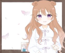 Rule 34 | 1girl, blush, border, brown hair, bug, butterfly, commentary, flat chest, framed image, highres, insect, konoe kanata, long hair, long sleeves, looking at viewer, love live!, love live! nijigasaki high school idol club, open mouth, puffy sleeves, purple eyes, shirt, simple background, smile, solo, two side up, umi (nana spring), upper body, white background, white shirt