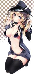 Rule 34 | 10s, 1girl, black bra, black jacket, black thighhighs, blonde hair, blue eyes, bra, breasts, harenchi, hat, jacket, kantai collection, kneeling, large breasts, long hair, long sleeves, low twintails, military, military uniform, open clothes, open jacket, peaked cap, prinz eugen (kancolle), smile, solo, thighhighs, twintails, underwear, uniform