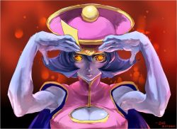 Rule 34 | 1girl, 2016, blue skin, breasts, chinese clothes, cleavage cutout, clothing cutout, colored skin, flipped hair, glowing, glowing eyes, hat, jiangshi, lei lei, looking at viewer, ofuda, osanpogakari, short hair, simple background, solo, vampire (game)