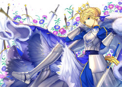 Rule 34 | 1girl, ahoge, armor, armored dress, artoria pendragon (fate), bad id, bad pixiv id, blonde hair, cape, crown, daisy, dress, ells, excalibur (fate/stay night), fate/stay night, fate (series), flower, green eyes, saber (fate), solo, sword, weapon