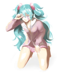 Rule 34 | aqua hair, arrow (projectile), bad id, bad pixiv id, commentary, expressionless, facial tattoo, full body, hair ornament, hands up, hatsune miku, high fever (module), holding, jacket, kneeling, lavie (bansheestrikes), long hair, miniskirt, pajamas, pill, pink eyes, pink jacket, pink pajamas, pink skirt, project diva (series), skirt, slow motion (vocaloid), solo, tattoo, twintails, very long hair, vocaloid, white background