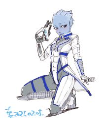 Rule 34 | 1girl, absurdres, alien, animification, asari (mass effect), blue eyes, blue skin, blush, bodysuit, breasts, colored skin, dated, gloves, highres, jacket, kneeling, liara t&#039;soni, looking at viewer, m-5 phalanx, mass effect (series), mass effect 3, open hand, science fiction, small breasts, smile, solo, tatsuta shin&#039;ichi, white bodysuit, white gloves, white jacket