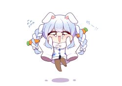 Rule 34 | 0725akaba, 1girl, animal ears, black leotard, blue hair, bow, braid, brown pantyhose, carrot hair ornament, cheek squash, chibi, commentary request, disembodied hand, don-chan (usada pekora), dress, ears down, flying sweatdrops, food-themed hair ornament, fur-trimmed dress, fur trim, hair bow, hair ornament, highres, hololive, leotard, leotard under clothes, long hair, looking at viewer, multicolored hair, no shoes, pantyhose, rabbit ears, shadow, short eyebrows, simple background, tears, thick eyebrows, translation request, twin braids, twintails, two-tone hair, usada pekora, usada pekora (1st costume), very long hair, virtual youtuber, white background, white bow, white dress, white hair