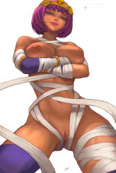 1girl artist_name bandages blimax_28k breasts capcom crossed_arms dark-skinned_female dark_skin egyptian female_focus green_eyes hair_ornament large_breasts looking_at_viewer looking_down menat naked_bandage nipples purple_hair purple_thighhighs pussy short_hair solo standing street_fighter street_fighter_v thighhighs uncensored white_background