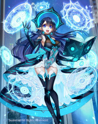 Rule 34 | 10s, 1girl, armor, armored dress, black dress, black gloves, black hair, black thighhighs, blue background, blue eyes, blue hair, book, boots, cardfight!! vanguard, character request, circle, dress, elbow gloves, floating, floating book, floating hair, floating object, gloves, glowing, long hair, magic circle, magician, matching hair/eyes, necktie, official art, open book, open mouth, pointy ears, sleeveless, sleeveless dress, solo, spinel (9057), thigh boots, thigh gap, thighhighs, very long hair, watermark, zettai ryouiki