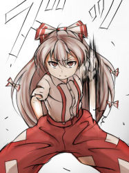 Rule 34 | 1girl, bad id, bad pixiv id, bow, brown eyes, emphasis lines, enbanzyou, flat chest, fujiwara no mokou, hair bow, hands in pockets, hangetsuban sonshou, looking at viewer, motion blur, pants, shirt, silver hair, simple background, solo, suspenders, torn clothes, torn shirt, touhou