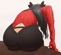 Rule 34 | 10s, 1girl, alternate costume, ass, ass cutout, ass focus, back, black hair, clothing cutout, dimples of venus, facing away, fate/extra, fate/stay night, fate (series), fingerless gloves, foreshortening, from behind, gloves, hair ornament, hair ribbon, huge ass, jadf, leaning forward, long hair, perspective, ribbon, sitting, skirt, solo, tohsaka rin, white background