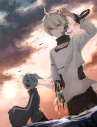 Rule 34 | 1boy, 1girl, bird, blue hair, blue jacket, braid, cloud, cloudy sky, crow, electricity, ene (kagerou project), headphones, highres, jacket, kagerou project, konoha (kagerou project), long sleeves, looking at viewer, low ponytail, red eyes, shirt, sky, sleeves past wrists, sparks, torn clothes, torn shirt, twintails, water, white hair, wire