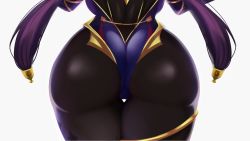 Rule 34 | 1girl, absurdres, ass, ass focus, bad id, bad twitter id, bodysuit, bodysuit under clothes, curvy, from behind, genshin impact, head out of frame, highres, huge ass, leotard, long hair, lower body, mona (genshin impact), pantyhose, purple hair, solo, standing, thigh gap, thighs, white background, zaki (zaki btw)