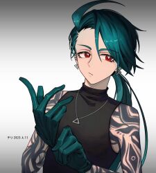 Rule 34 | 1girl, adjusting clothes, adjusting gloves, ahoge, arm tattoo, bare arms, black shirt, bright pupils, character name, closed mouth, commentary request, creatures (company), dated, earrings, eyelashes, game freak, gloves, green gloves, green hair, highres, jewelry, long hair, molingxiang chimangguo, necklace, nintendo, pokemon, pokemon sv, ponytail, red eyes, rika (pokemon), shirt, sleeveless, sleeveless shirt, solo, stud earrings, tattoo, upper body, white pupils