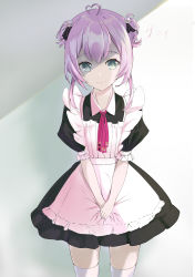 Rule 34 | 1girl, absurdres, ahoge, alternate costume, apron, black dress, chinese commentary, double bun, dress, enmaided, grey eyes, hair bun, heart, heart-shaped pupils, heart ahoge, heart hair, highres, hololive, hololive china, juliet sleeves, long sleeves, maid, maid apron, own hands together, puffy sleeves, qinxinqinxinqin, red neckwear, shaded face, shadow, skindentation, solo, spade echo, symbol-shaped pupils, thighhighs, virtual youtuber